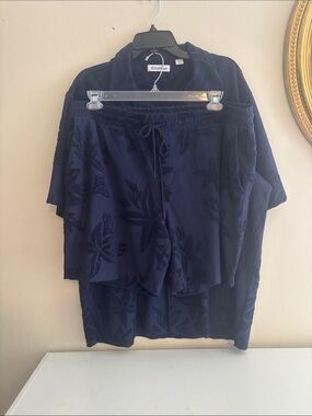 Caribbean Navy Floral Velour Swim Athletic Shorts